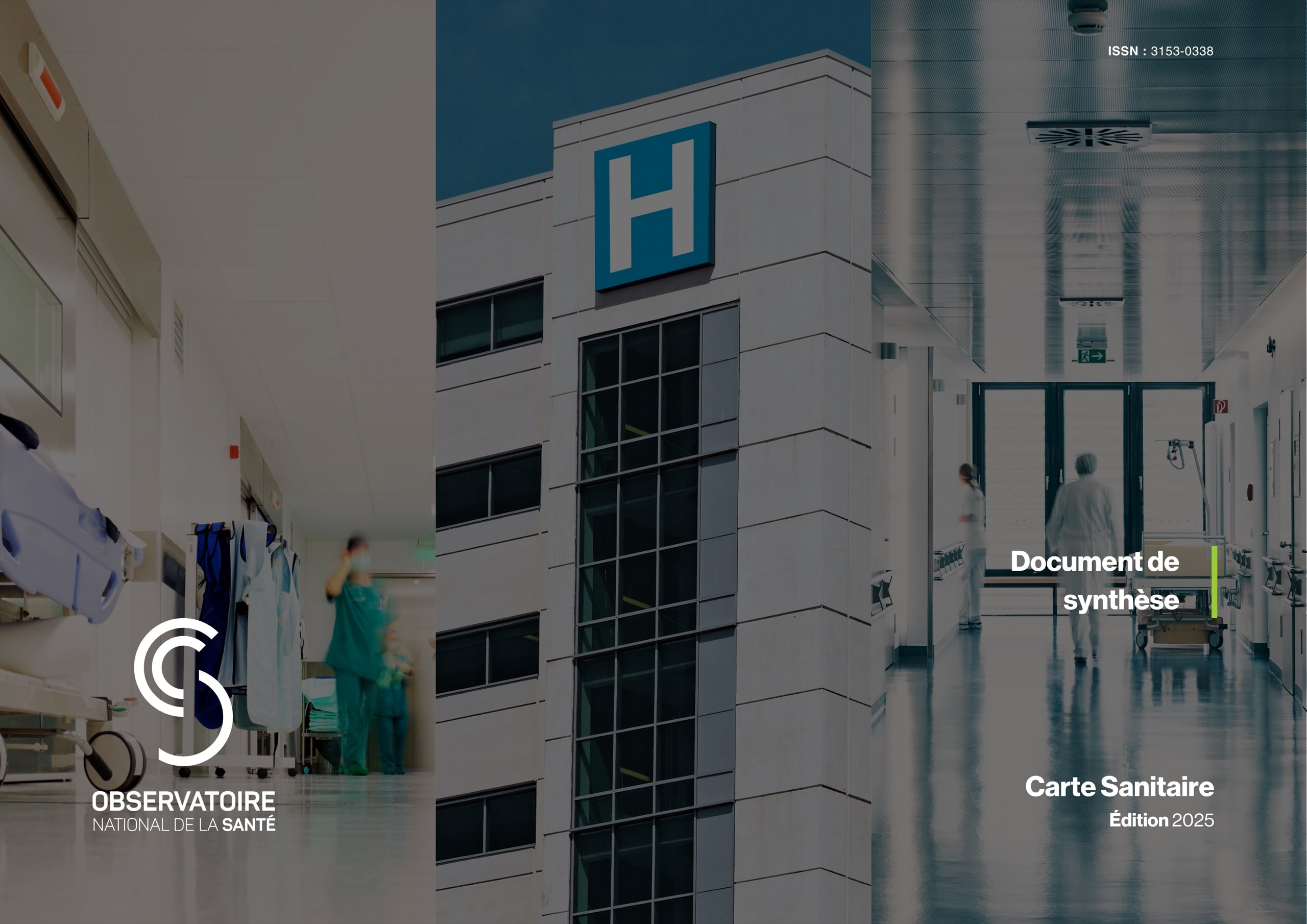Première de couverture du document de synthèse de la Carte Sanitaire 2025, triptyque de photographie clinique et logo de l’Observatoire National de la Santé.