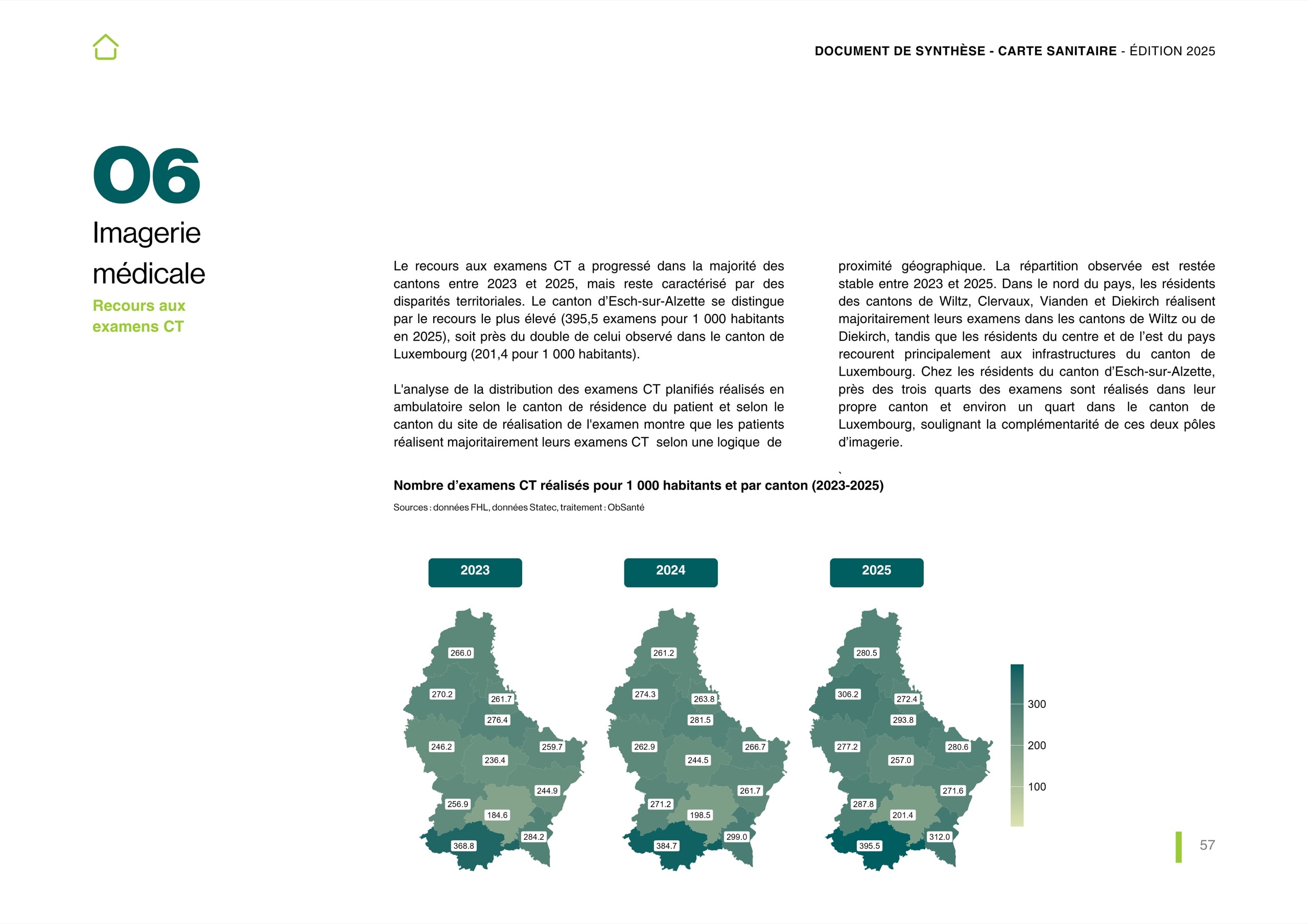 Cartes du Luxembourg : nombre d’examens CT par canton, 2023 à 2025.